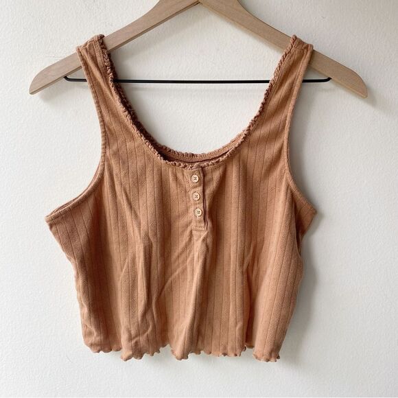 so juniors brown/rust cropped scalloped hem henley tank top size l large - Picture 1 of 5